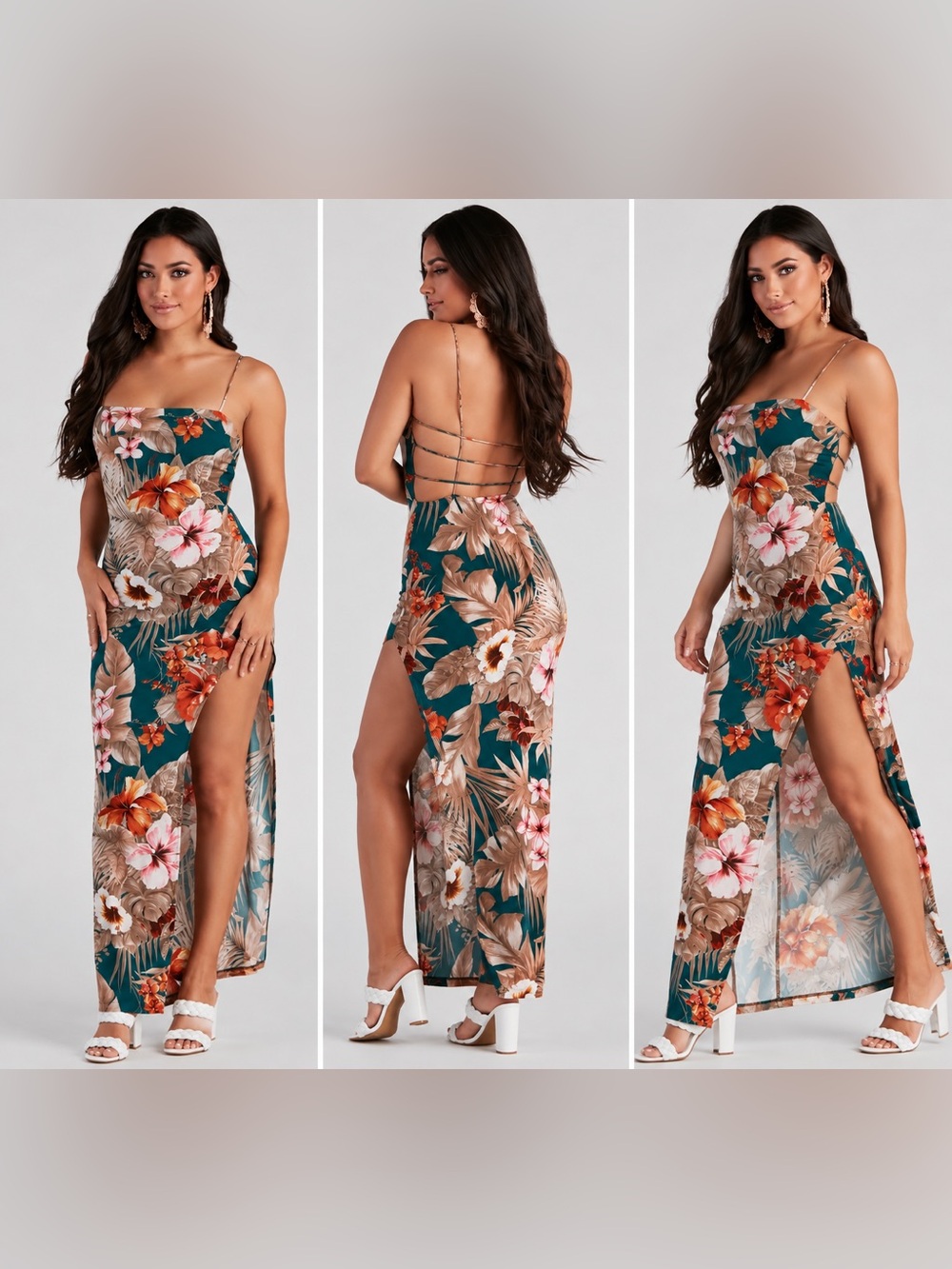 Windsor Teal Tropical Floral Maxi Dress with Strappy Back